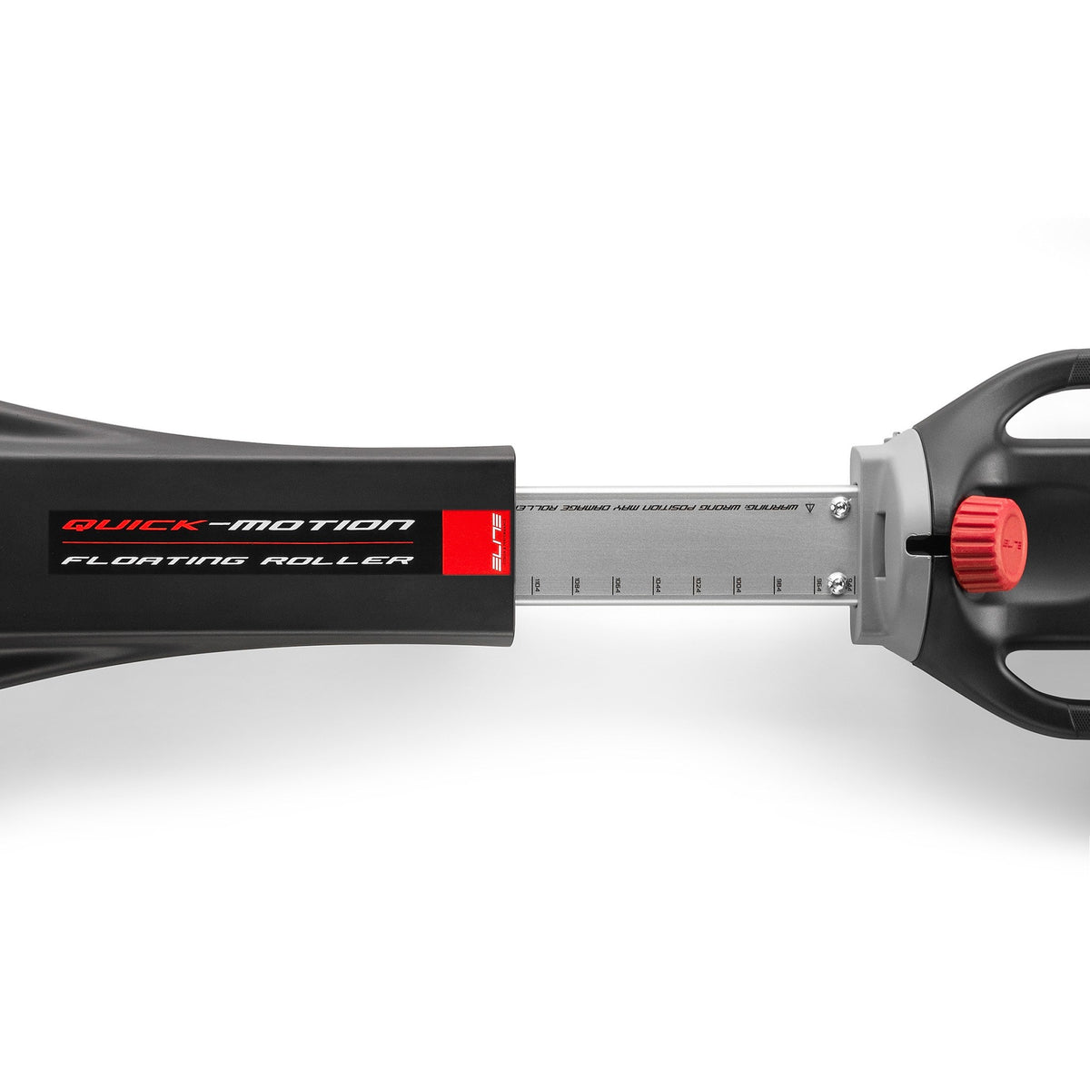 Close-up of the Elite Quick-Motion wheelbase scale and red locking knob on the centre rail