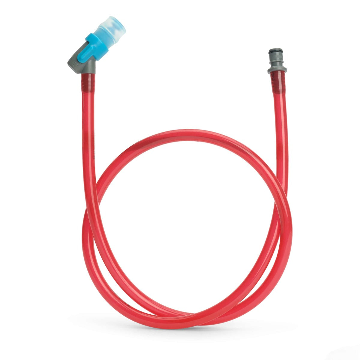 USWE Hydraflex drink tube kit coiled: red TPU hose, blue and grey bite valve, grey Plug-n-Play connector