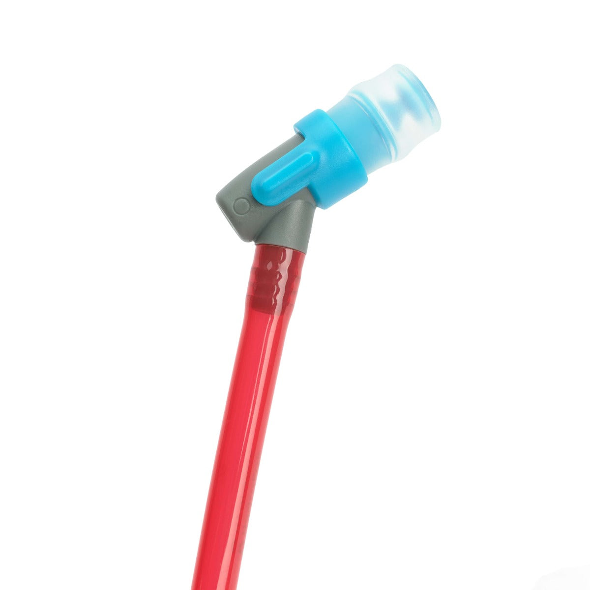 Close-up of the Hydraflex angled bite valve with blue lock lever and clear silicone mouthpiece