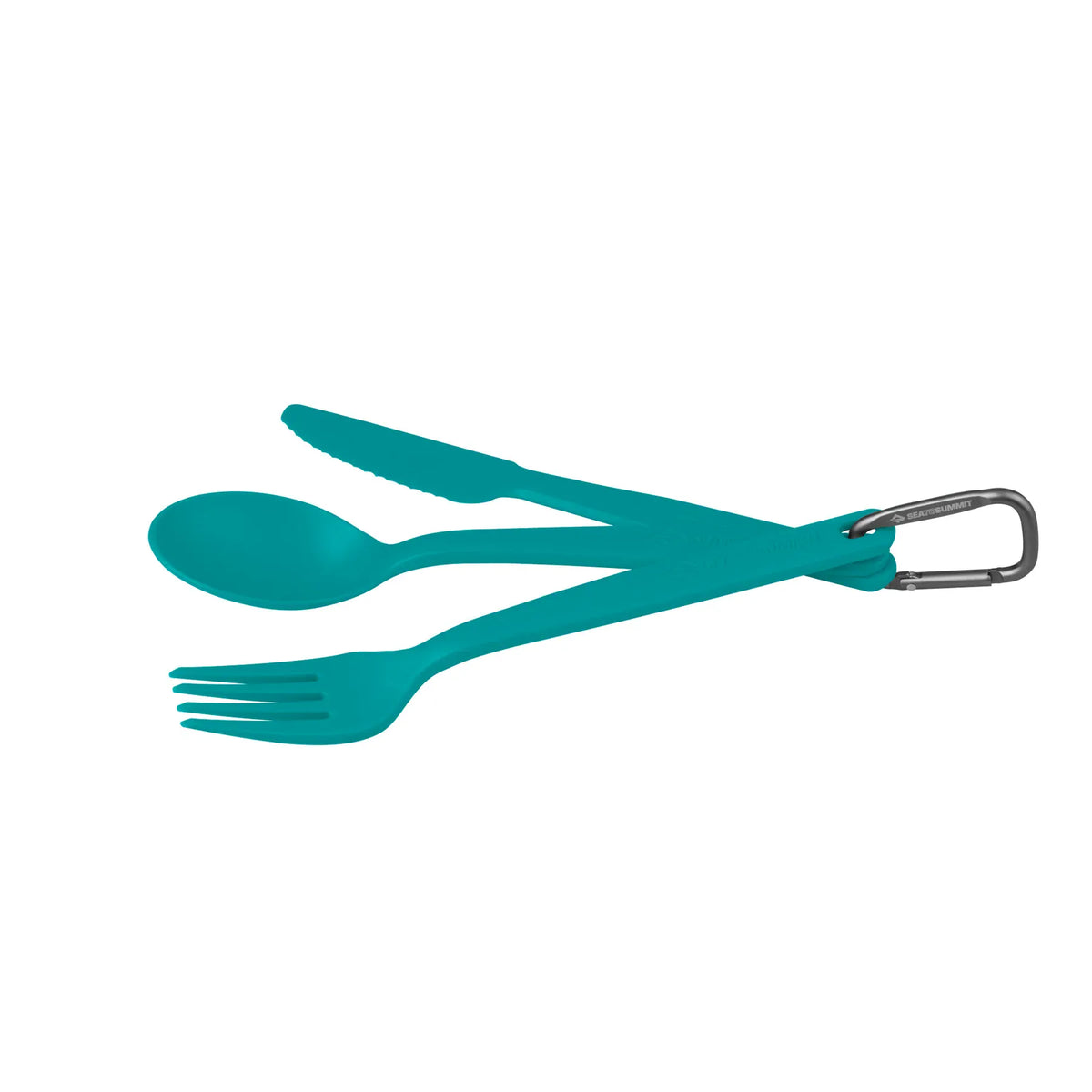 Cabbage teal knife, fork and spoon clipped together on the mini carabiner