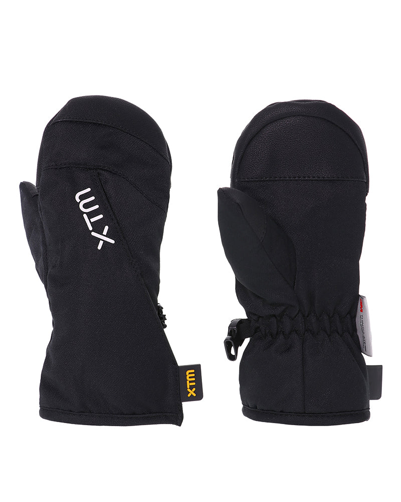 Pair of black XTM Kids Tots II Snow Mitts, back and palm view with elastic cuff and wrist strap clip