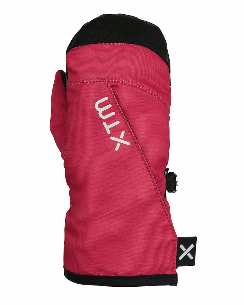 Magenta XTM Kids Tots II Snow Mitt, back of hand with black tip and diagonal Velcro opening