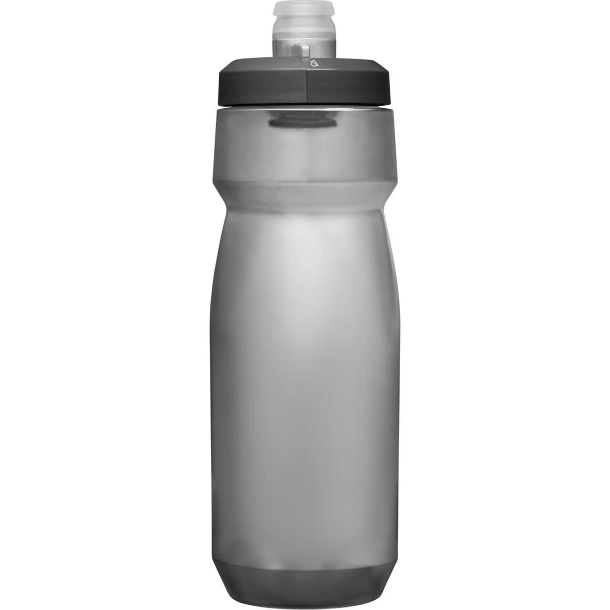 Taller Podium bottle in smoke grey with black cap, plain side view