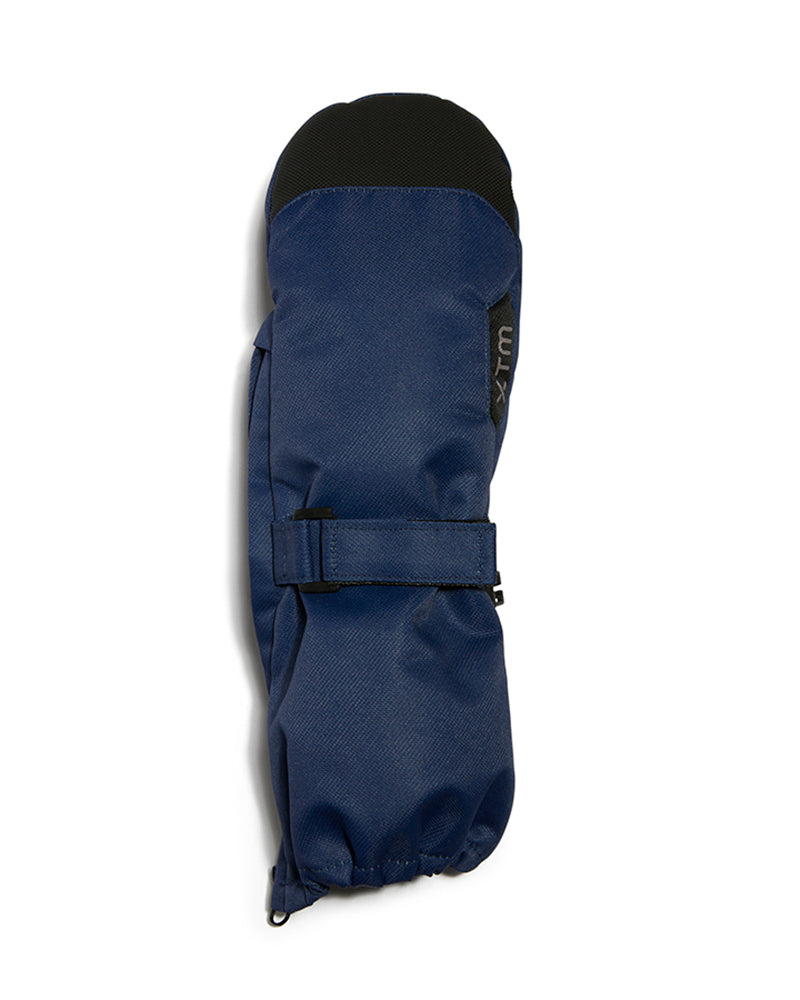 Naval Blue XTM Kids Tyke Snow Mitt, back of hand with black tip, wrist strap and long gauntlet cuff