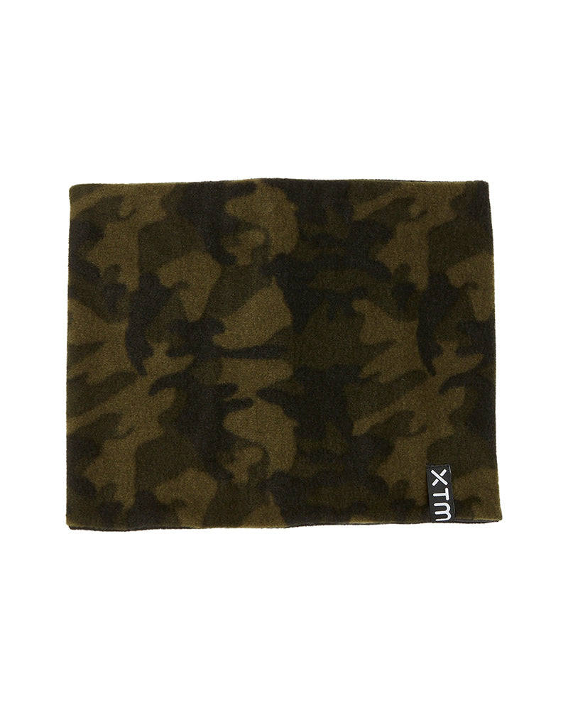 XTM Kids Microfleece X neck gaiter in Army Camo green camouflage fleece, laid flat