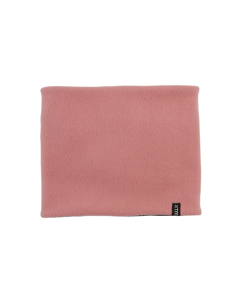 XTM Kids Microfleece X neck warmer in Dusty Rose pink fleece, laid flat with the XTM clamp label