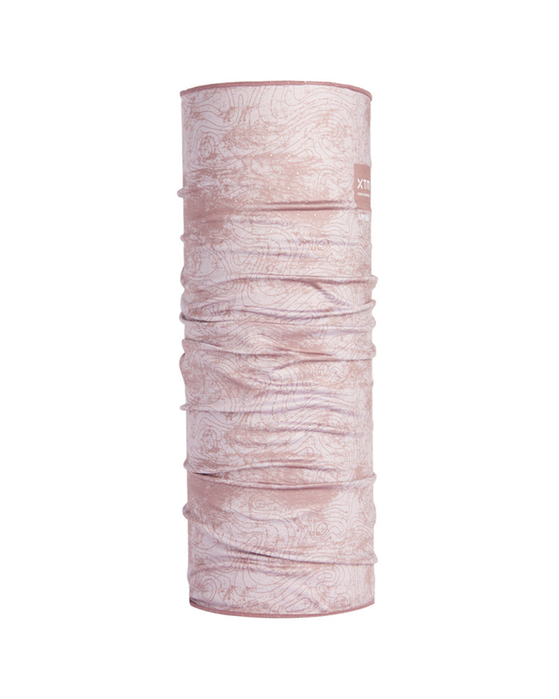 XTM Scenic UPF50+ neck tube in Fog Contour, pale blush pink with a fine topographic line print