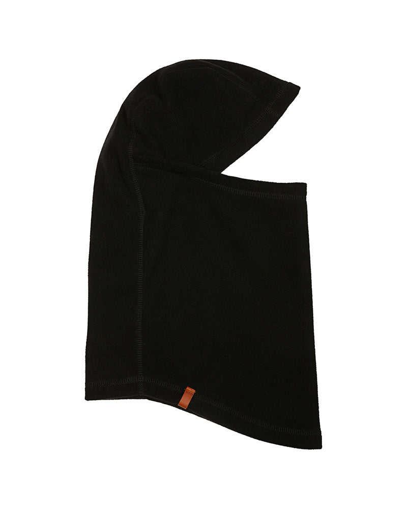 Black XTM Nano II microfleece balaclava laid flat in side profile, face opening and long neck