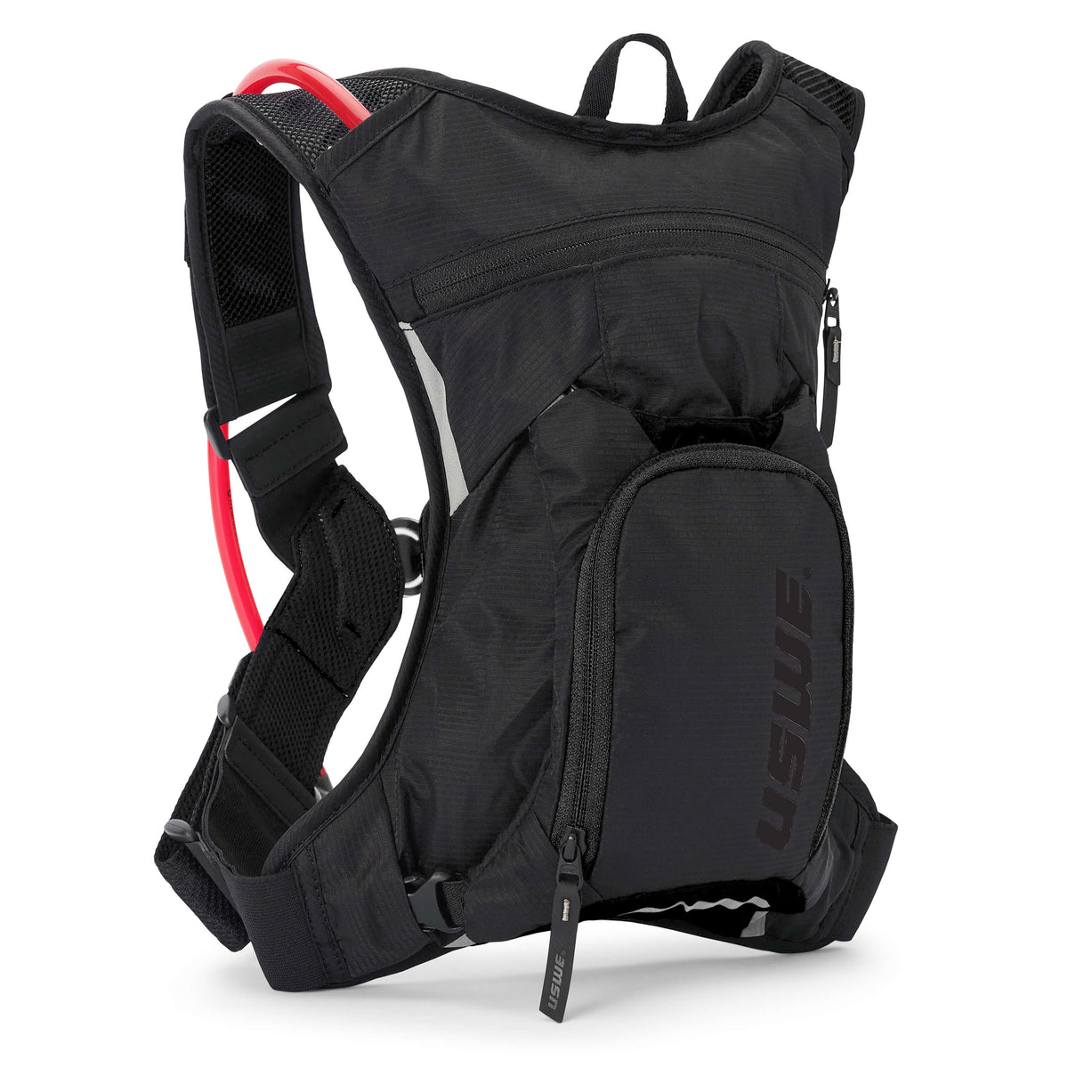 USWE MTB Hydro 3L in Black with tonal black logo on the front pocket, front three-quarter view