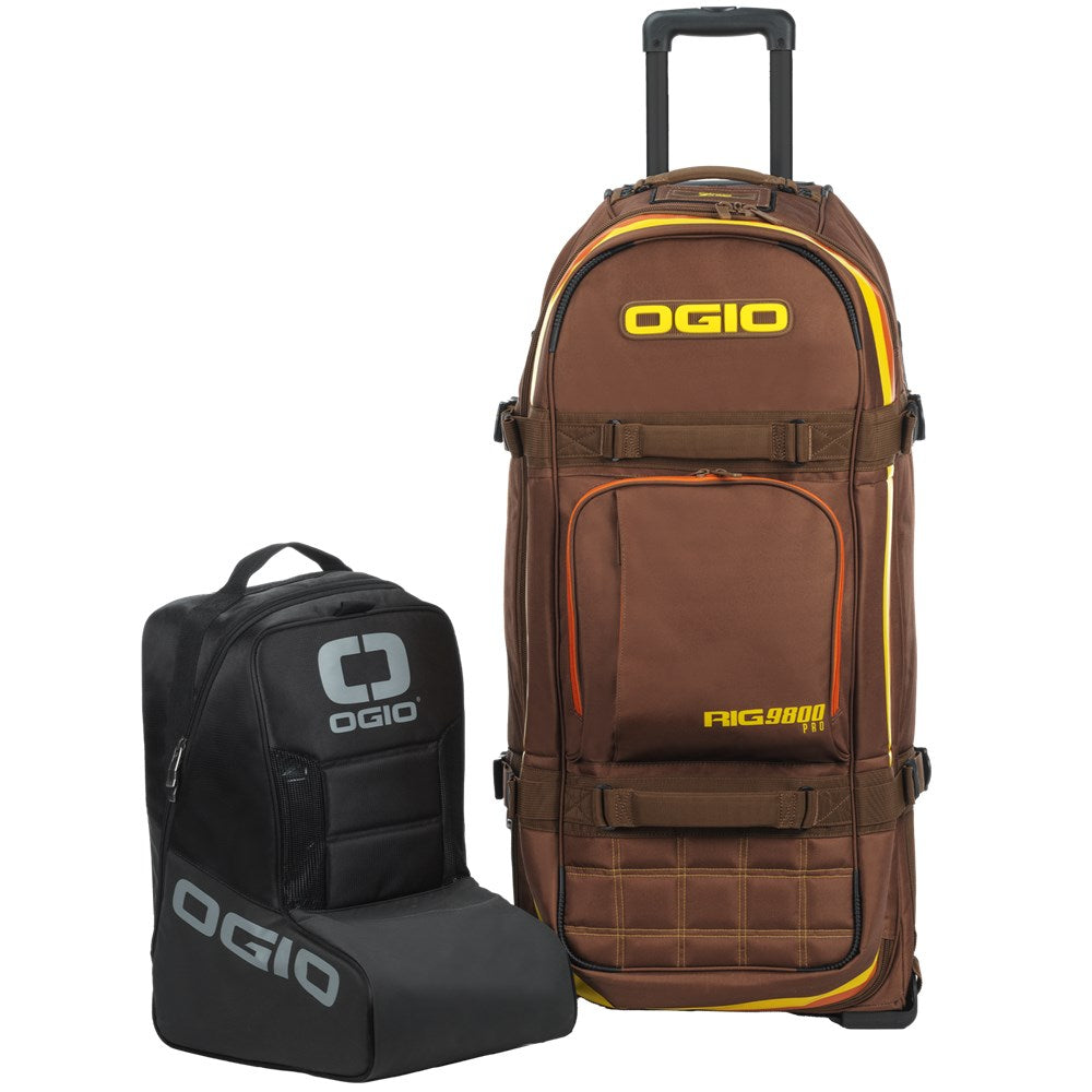 OGIO Rig 9800 Pro in Stay Classy brown with yellow and orange trim, next to the MX boot bag