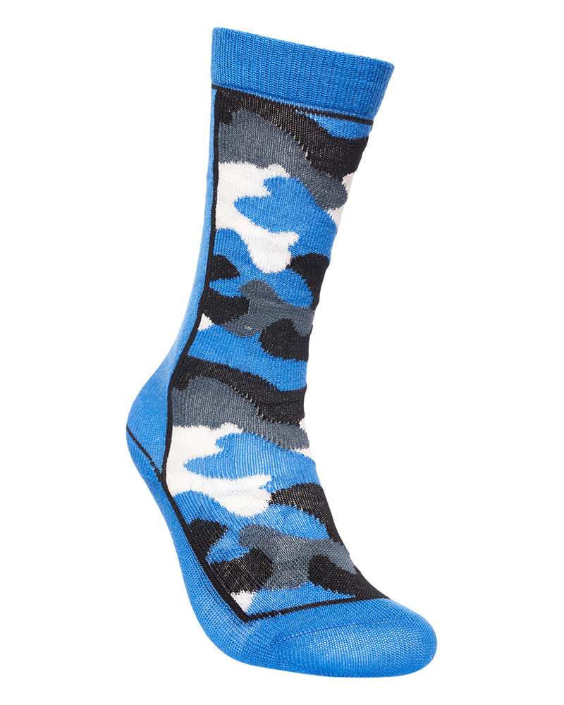 XTM Kids Trooper Merino Blend Winter Sock in French Blue, side view of the blue, grey and white camo pattern