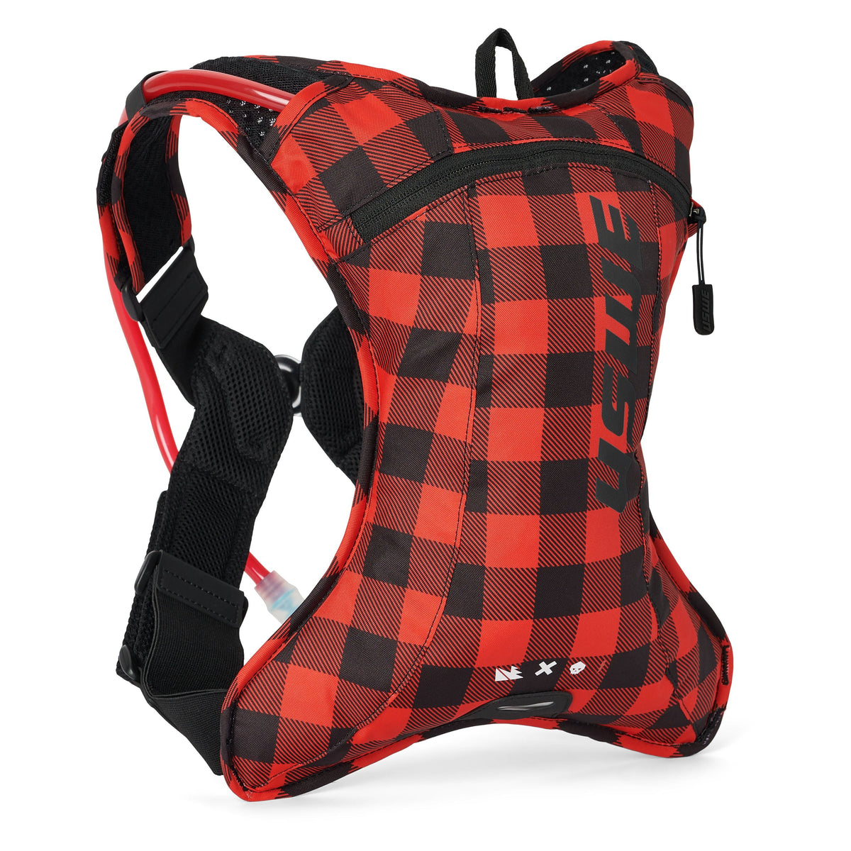 USWE Outlander XC 2L in Flannel Red/Black check, angled front view with drink tube