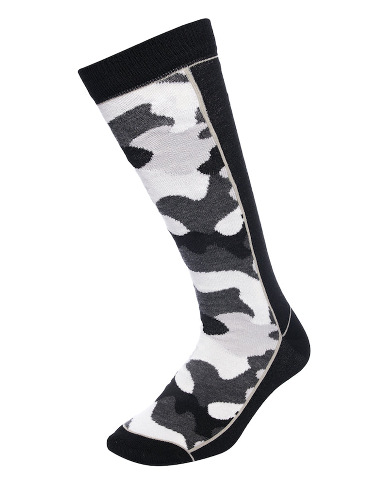XTM Trooper merino blend sock in Black Camo, side view of the camouflage panel