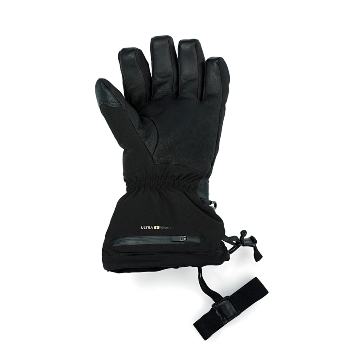 Palm view of a Therm-ic heated ski glove showing the leather palm, zipped battery pocket on the cuff and wrist leash