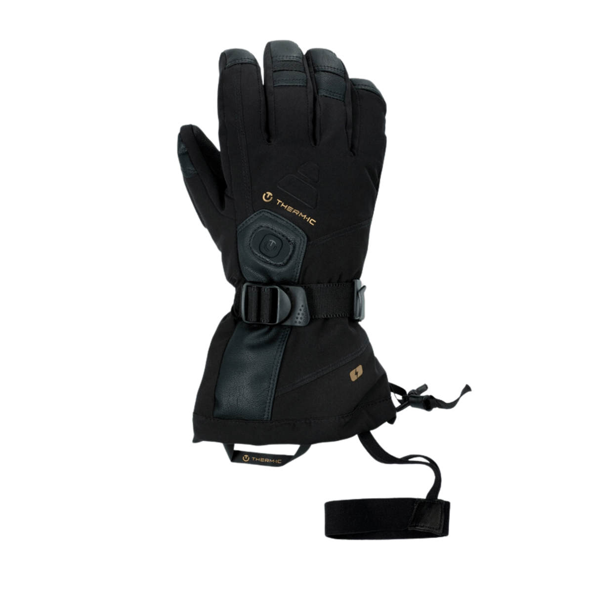 Therm-ic heated ski glove in black, back of hand view with wrist buckle, cuff drawstring and safety leash