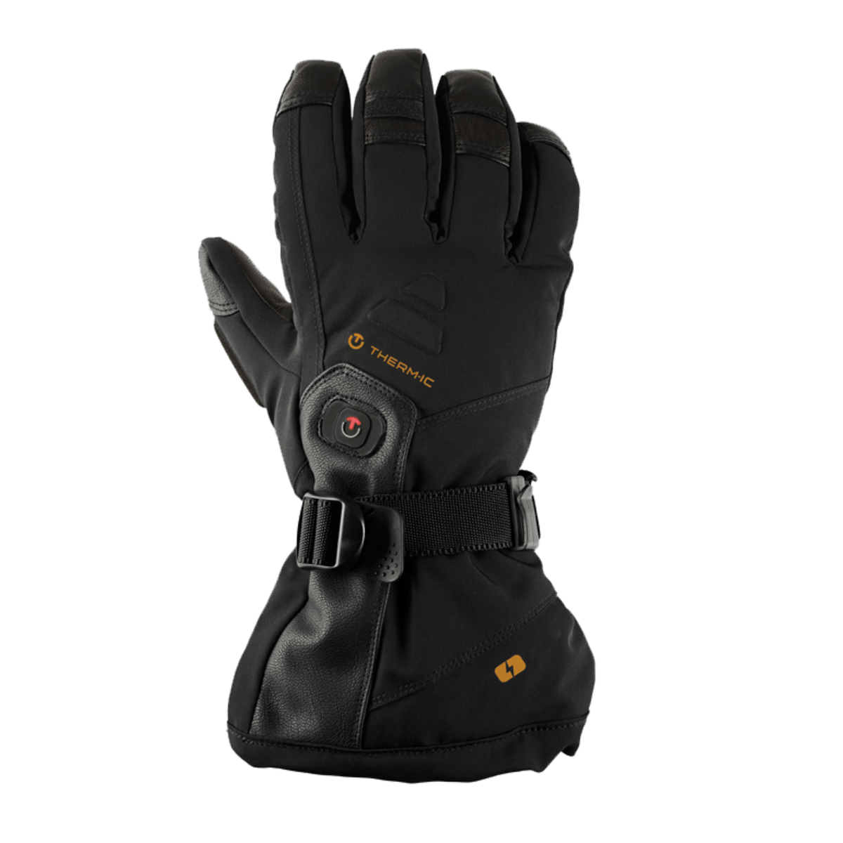 Therm-ic Ultra Heat Boost men's heated ski glove in black, back of hand showing the power button and wrist strap