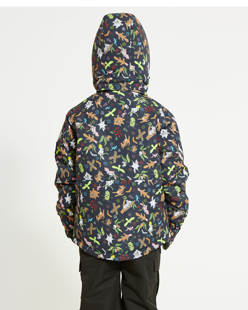 Back view of the Woodland Navy XTM Kids Yama Snow Jacket with the printed hood up