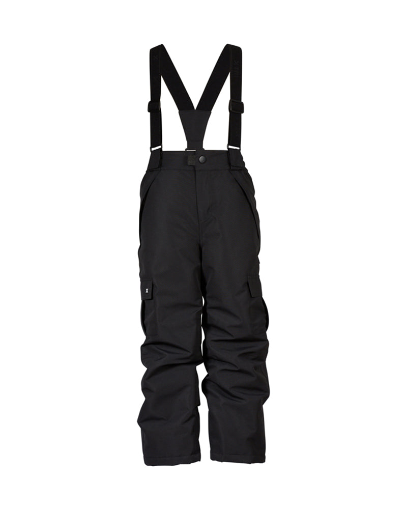 XTM Kids Pluto II Snow Pant in Black, flat product shot with braces attached