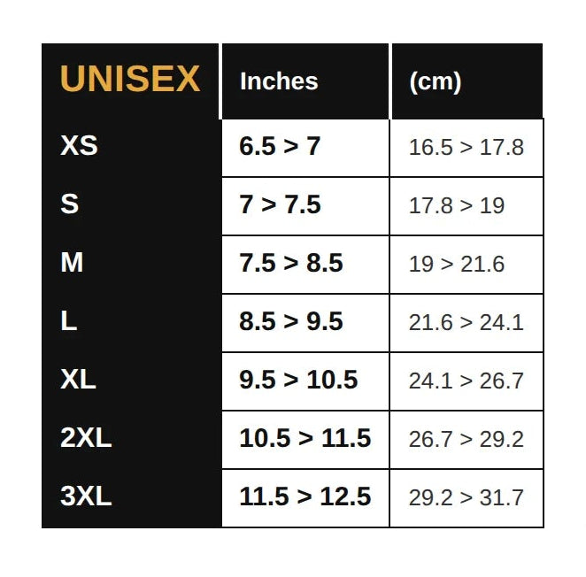 XTM unisex glove size chart listing hand circumference in inches and centimetres for sizes XS to 3XL