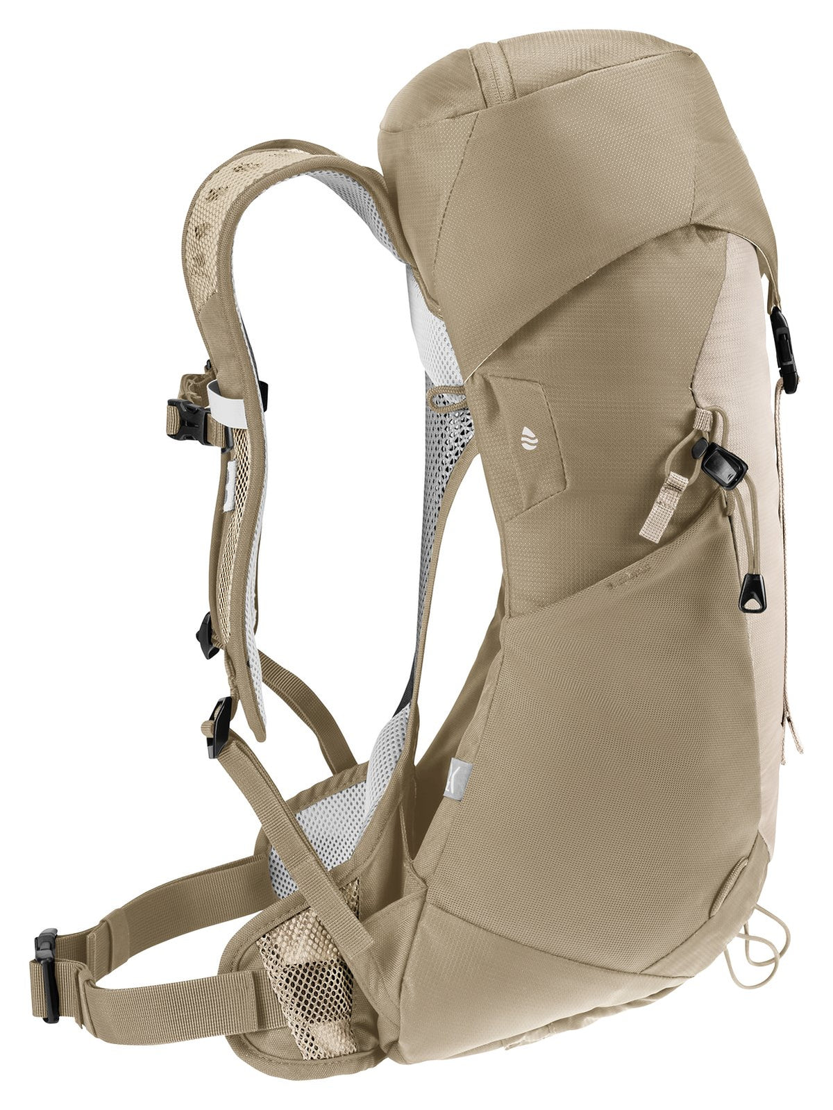 Deuter AC Lite 14 SL in Alu Greystone, side view of the suspended back and side pocket