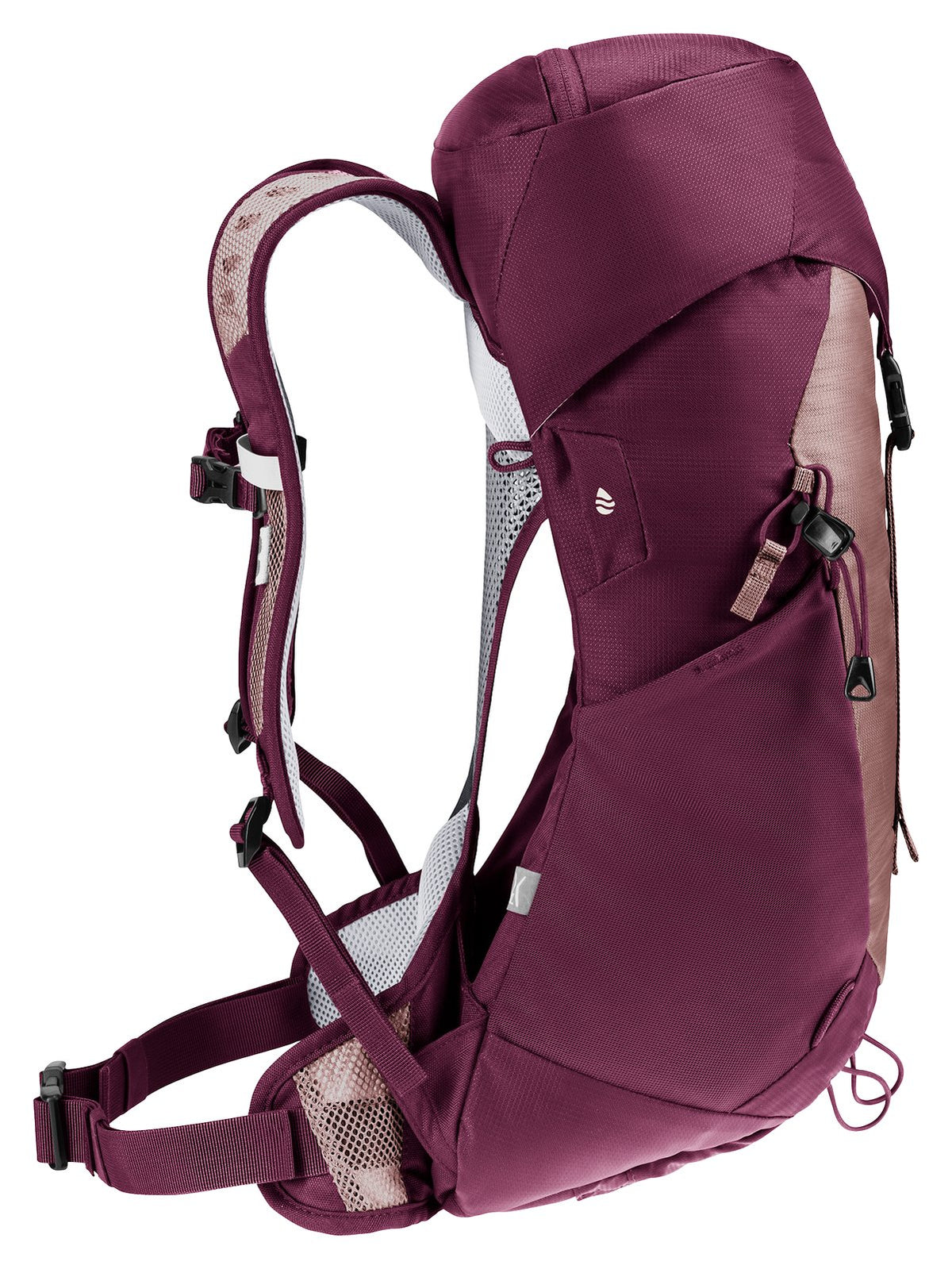 Deuter AC Lite 14 SL in Ashrose Cassis, side view with mesh side pocket and hip fin