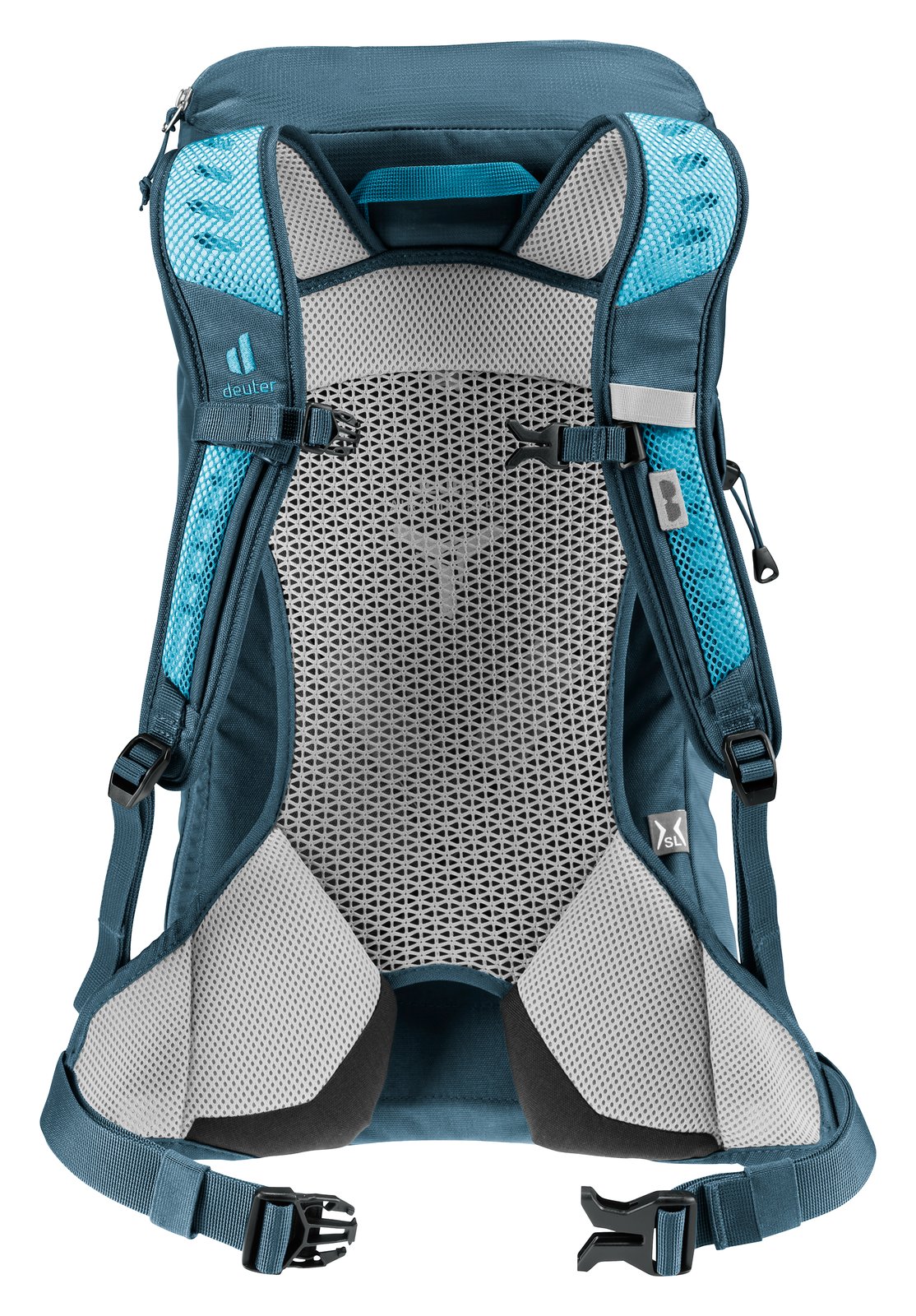 Back of the Deuter AC Lite 14 SL in Lagoon Atlantic with mesh back panel and padded shoulder straps