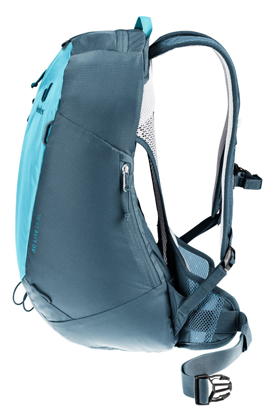 Deuter AC Lite 15 SL in Lagoon Atlantic, side view with mesh side pocket and shoulder strap