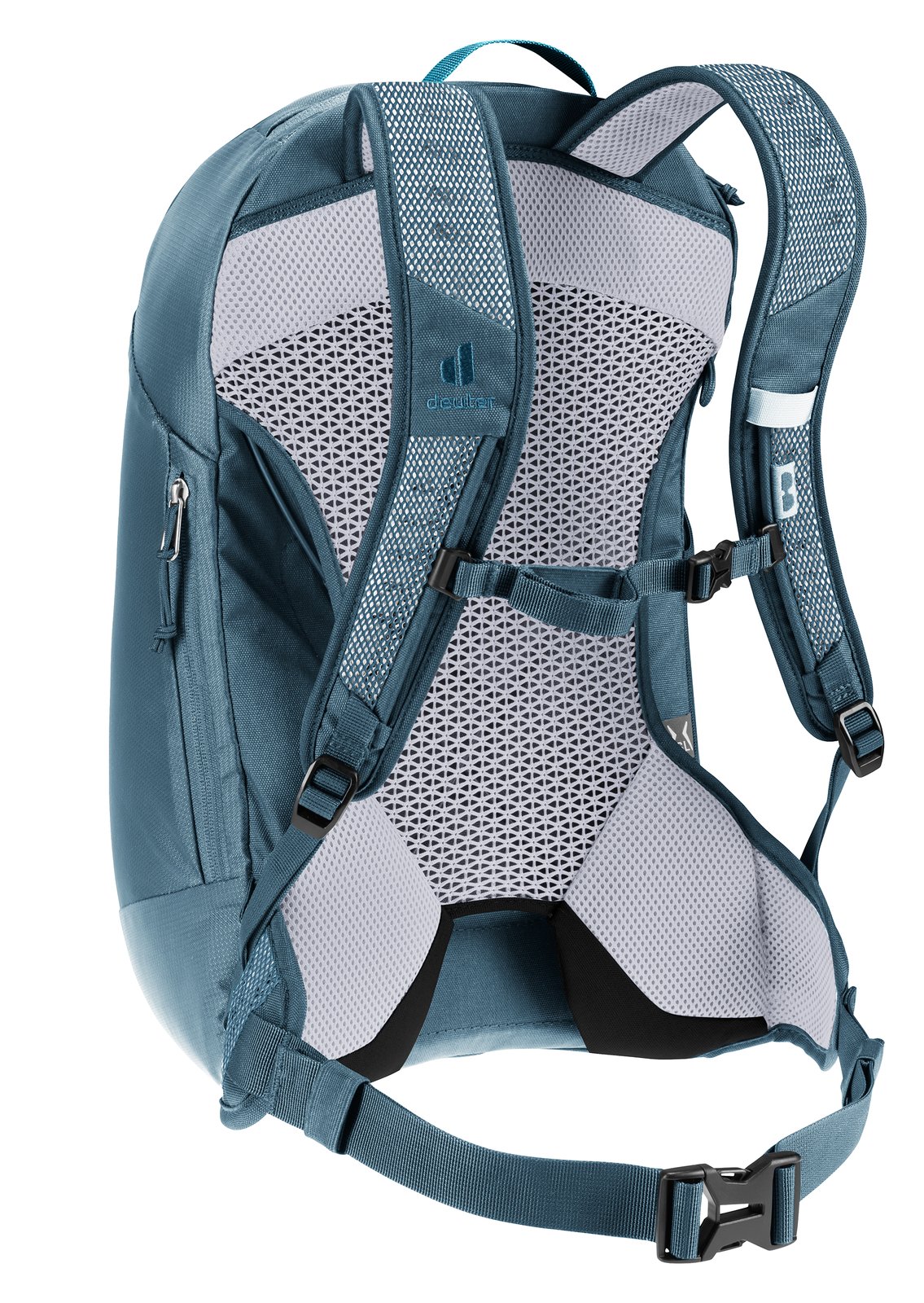 Deuter AC Lite 15 SL in Lagoon Atlantic, rear three-quarter view of the mesh back and hip fins