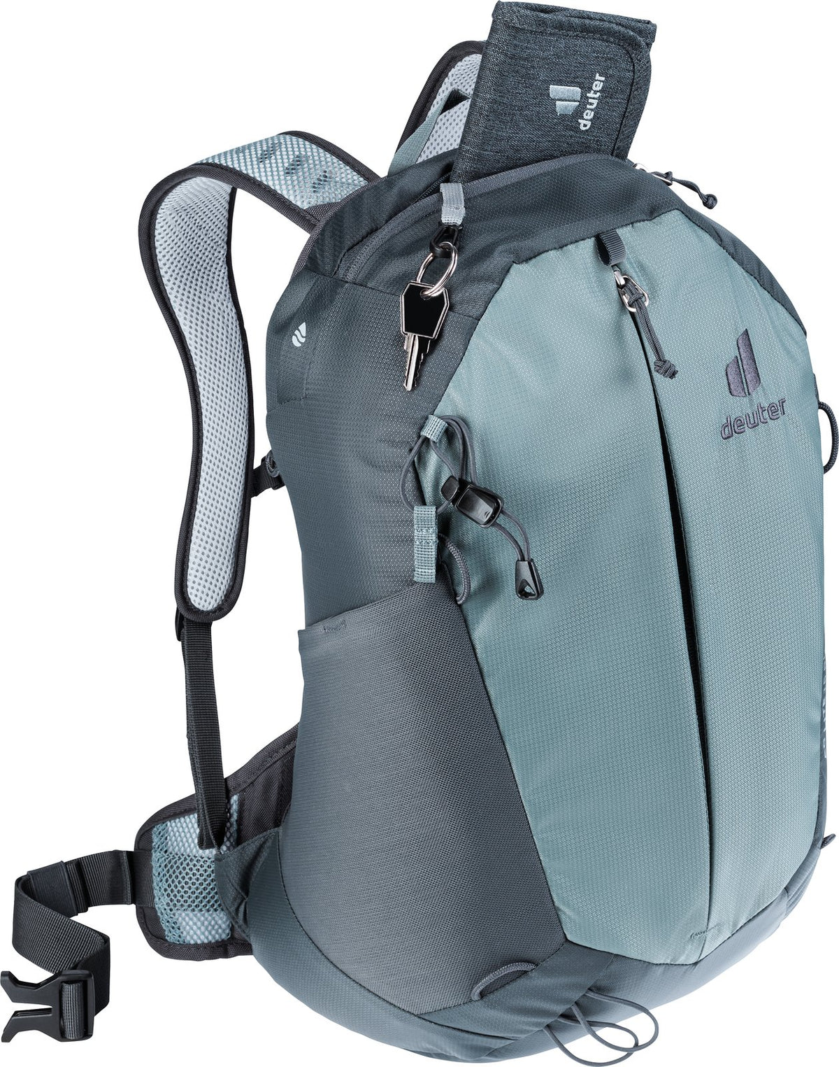 Deuter AC Lite 15 SL in Shale Graphite, top pocket open with keys clipped to the key clip
