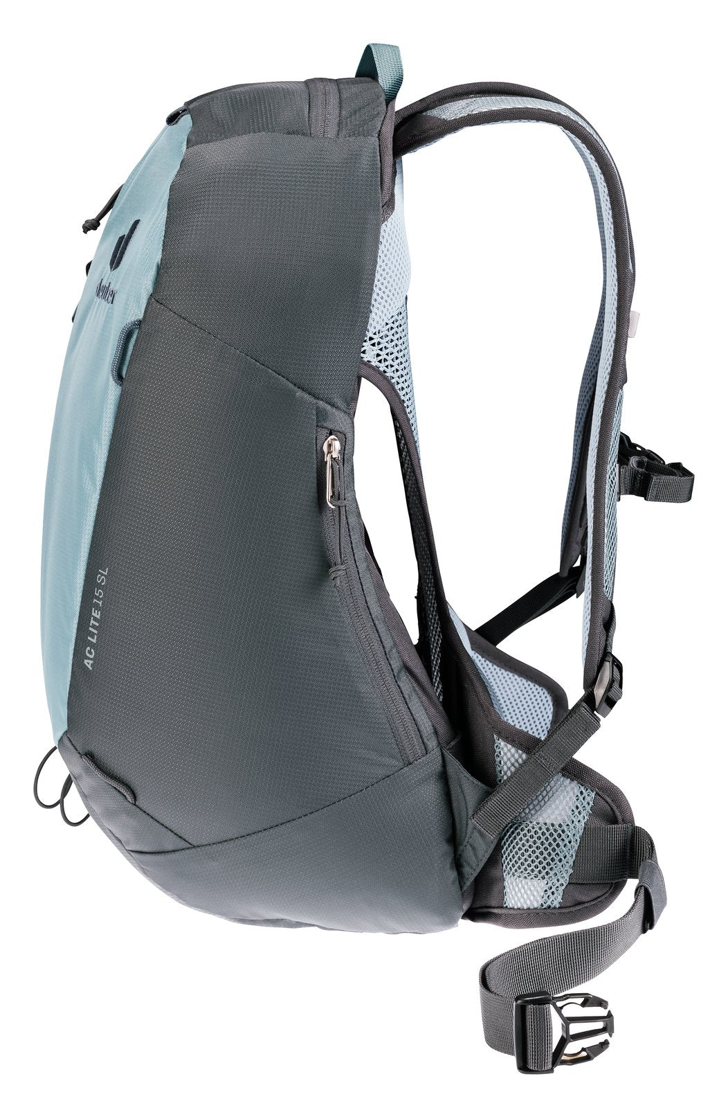 Deuter AC Lite 15 SL in Shale Graphite, side view of the side pocket and compression of the mesh back