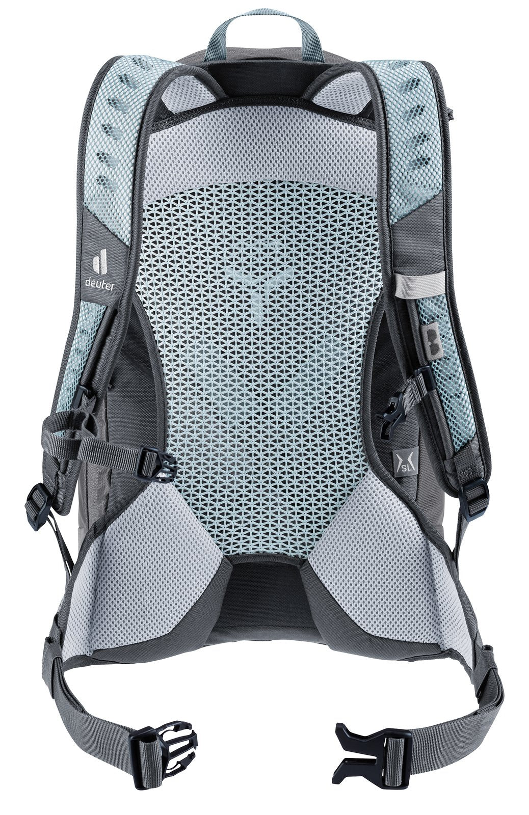 Back of the Deuter AC Lite 15 SL in Shale Graphite showing the Aircomfort mesh panel and hip fins
