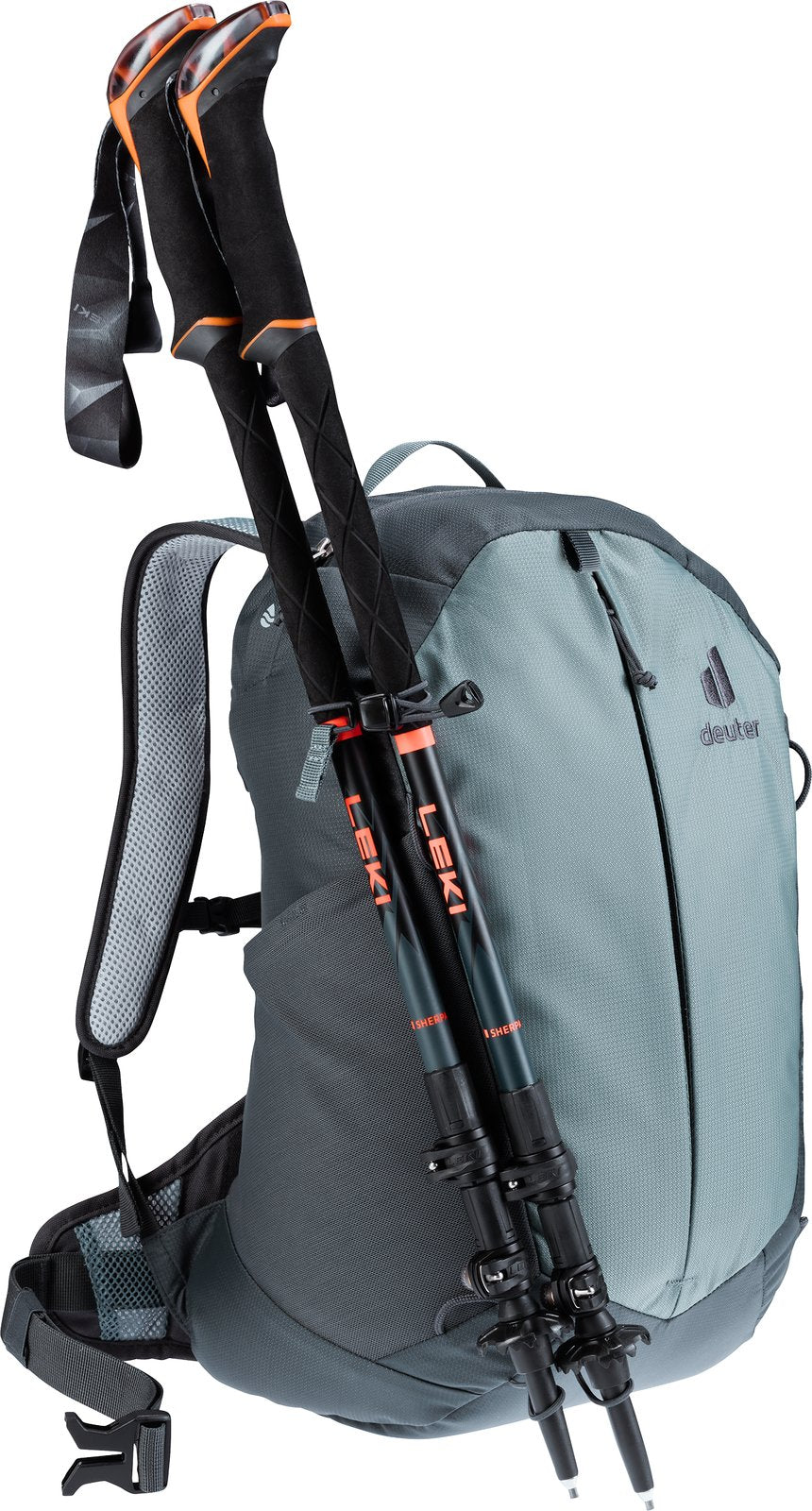 Deuter AC Lite 15 SL in Shale Graphite with folded trekking poles on the pole attachment