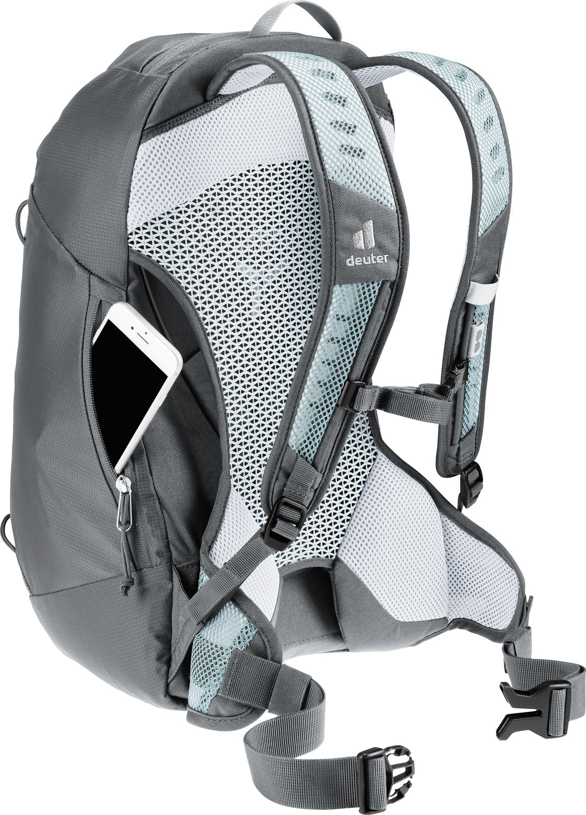 Deuter AC Lite 15 SL in Shale Graphite with a phone in the side smartphone pocket by the back panel