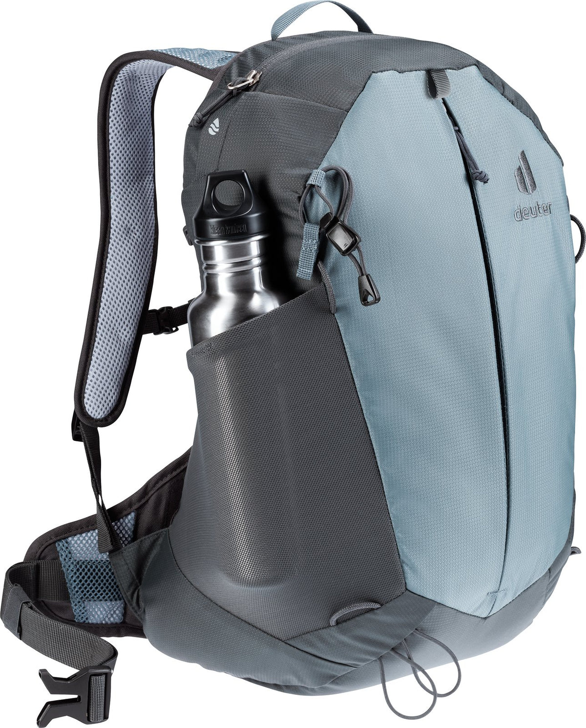 Deuter AC Lite 15 SL in Shale Graphite with a steel drink bottle in the mesh side pocket