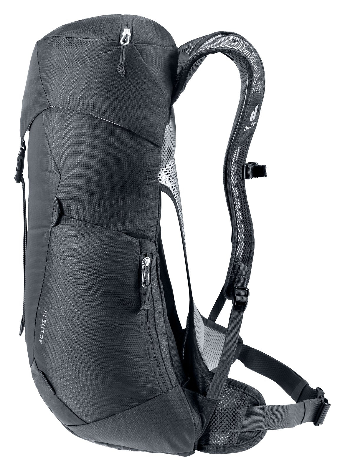 Deuter AC Lite 16 in Black, front three-quarter view showing the side smartphone pocket