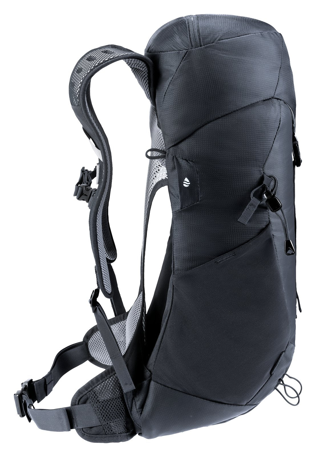 Side profile of the Deuter AC Lite 16 in Black showing the air gap behind the curved mesh back