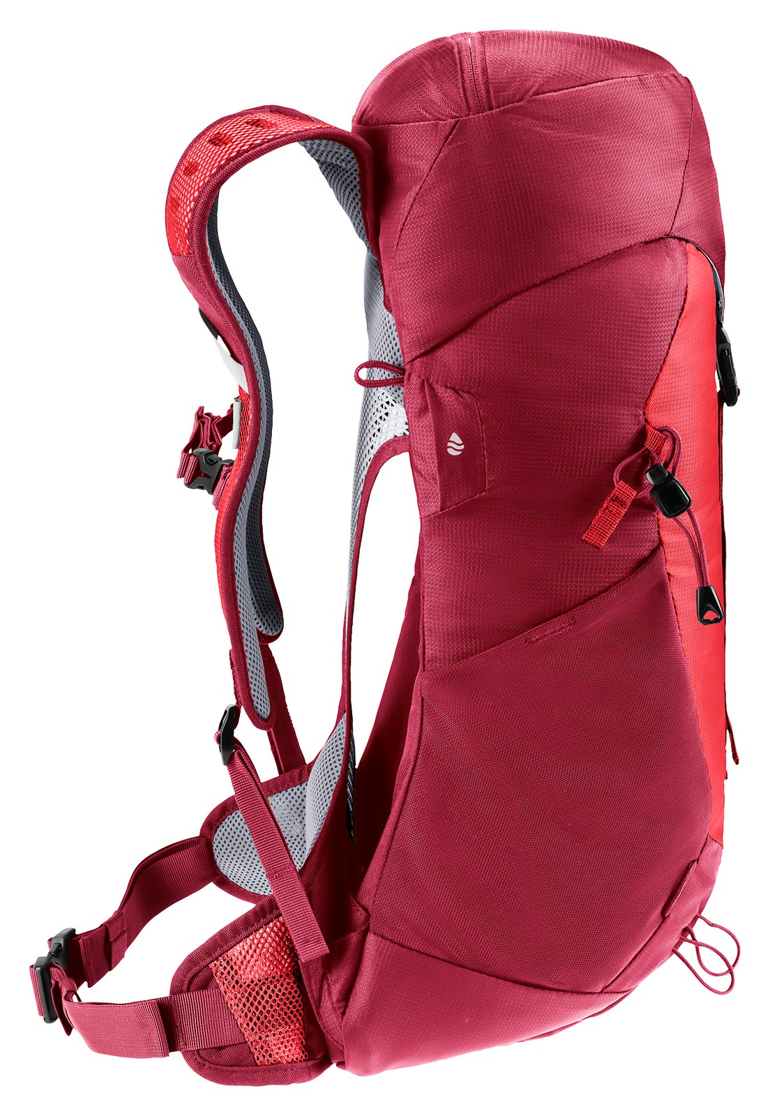 Deuter AC Lite 16 in Cherry Masala, side profile with side pocket and tensioned back