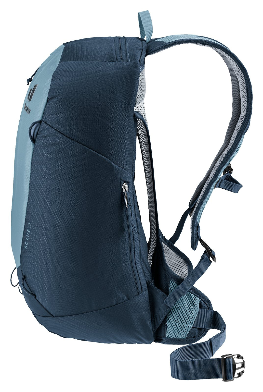 Deuter AC Lite 17 in Atlantic Ink, side view of the frame curve and compression points