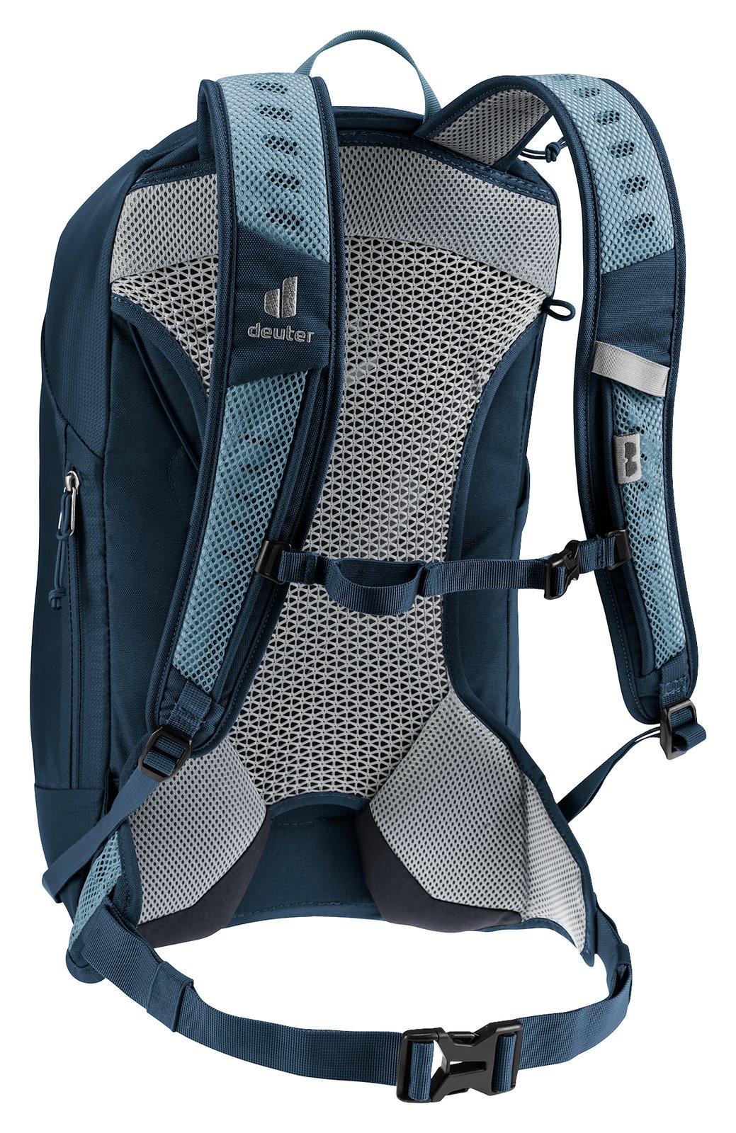 Deuter AC Lite 17 in Atlantic Ink, rear three-quarter view of the shoulder straps and mesh back