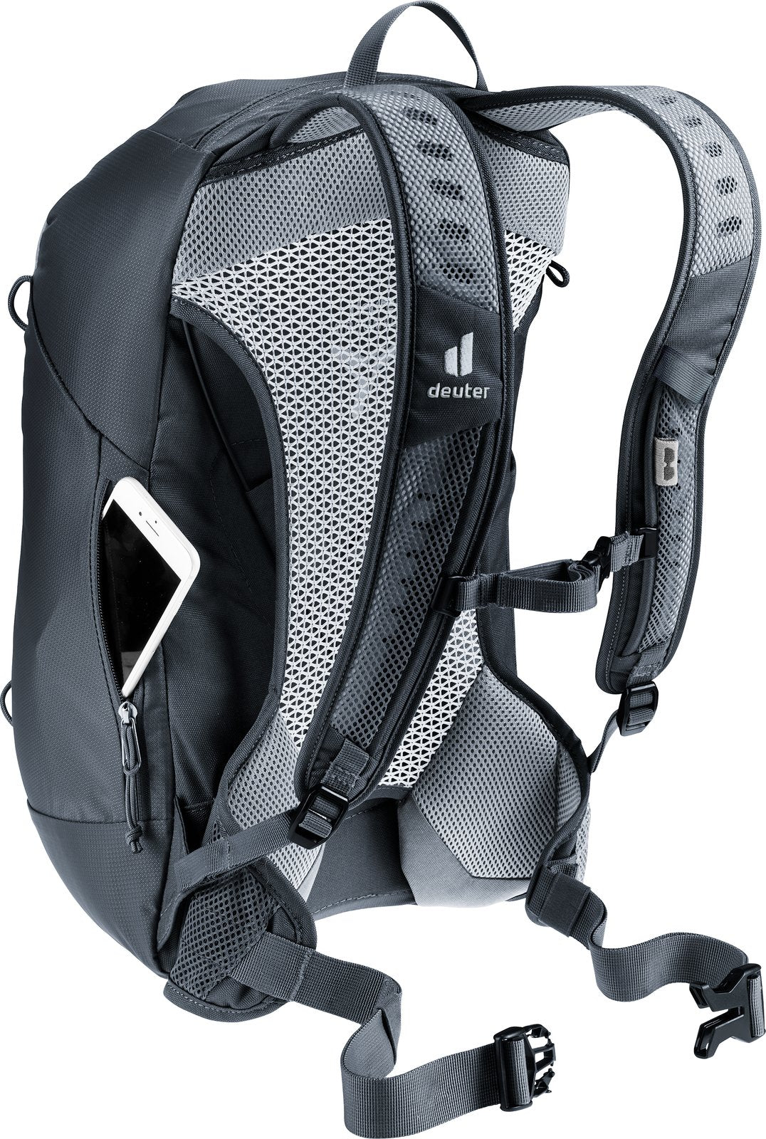 Deuter AC Lite 17 in Black with a phone tucked into the side smartphone pocket