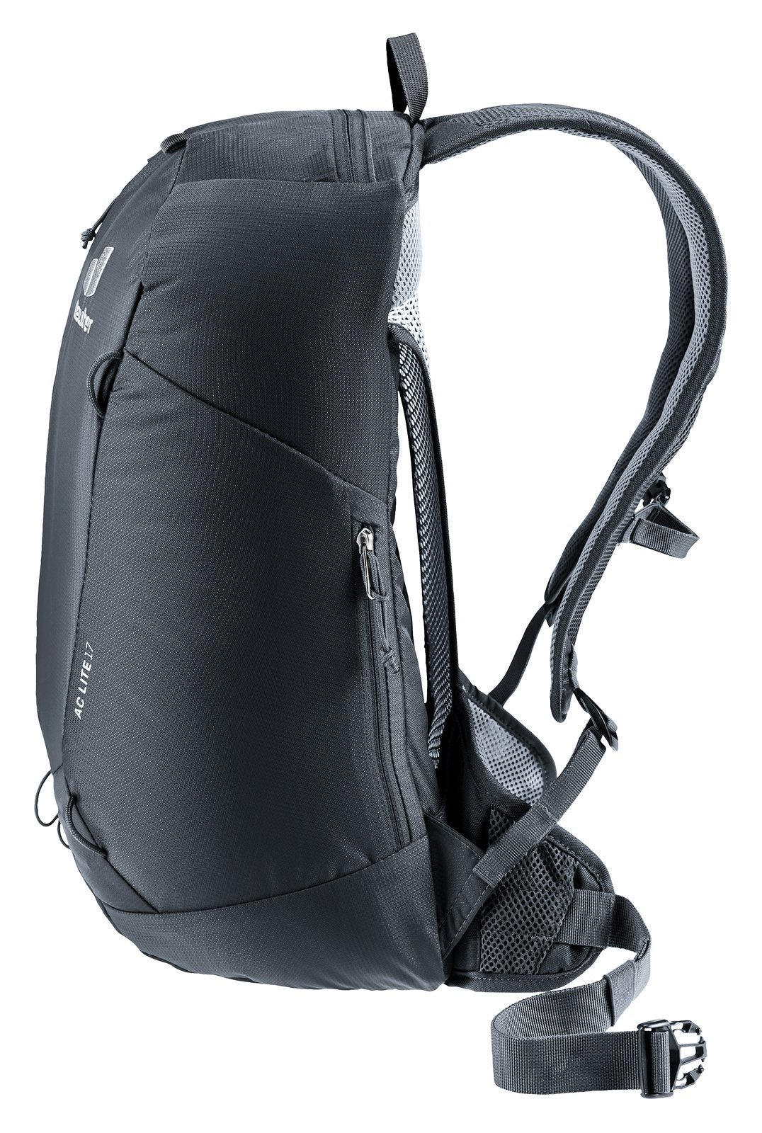 Deuter AC Lite 17 in Black, side view showing the side zip pocket and mesh bottle pocket