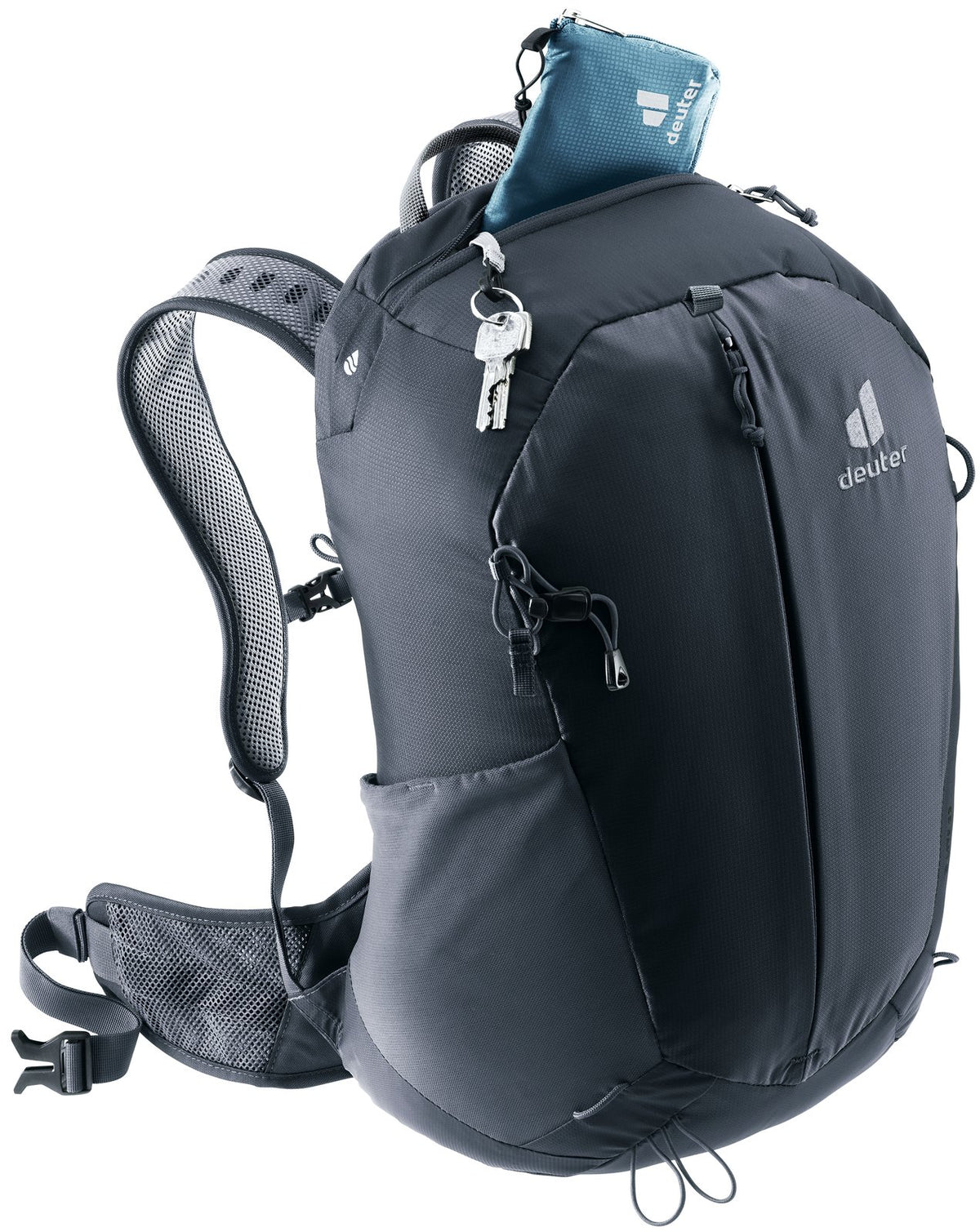 Deuter AC Lite 23 with a wallet in the zipped top pocket and keys on the key clip