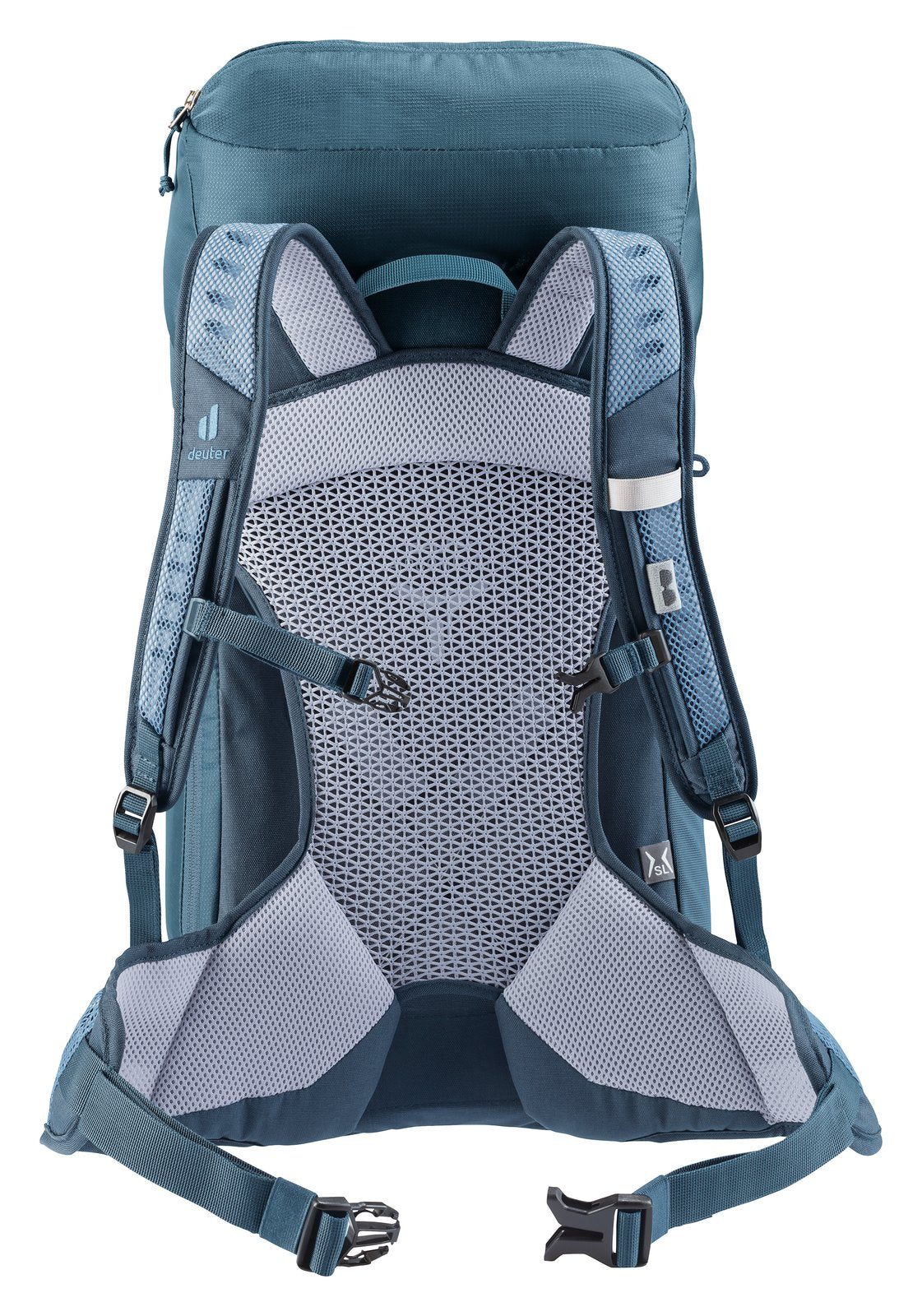 Back of the Deuter AC Lite 28 SL in Lagoon Atlantic with mesh back, straps and hip fins