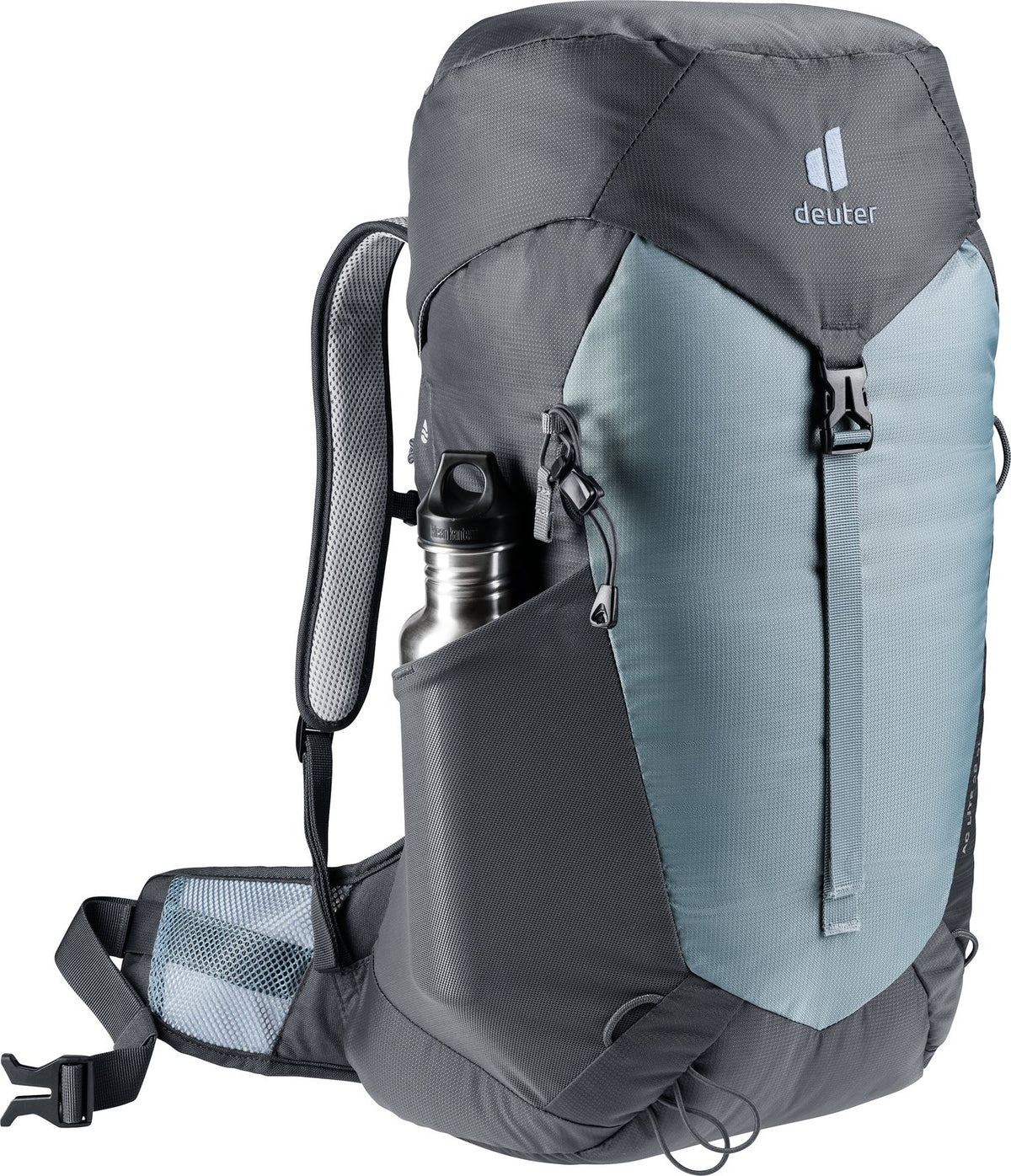 Deuter AC Lite 28 SL in Shale Graphite with a metal drink bottle in the mesh side pocket