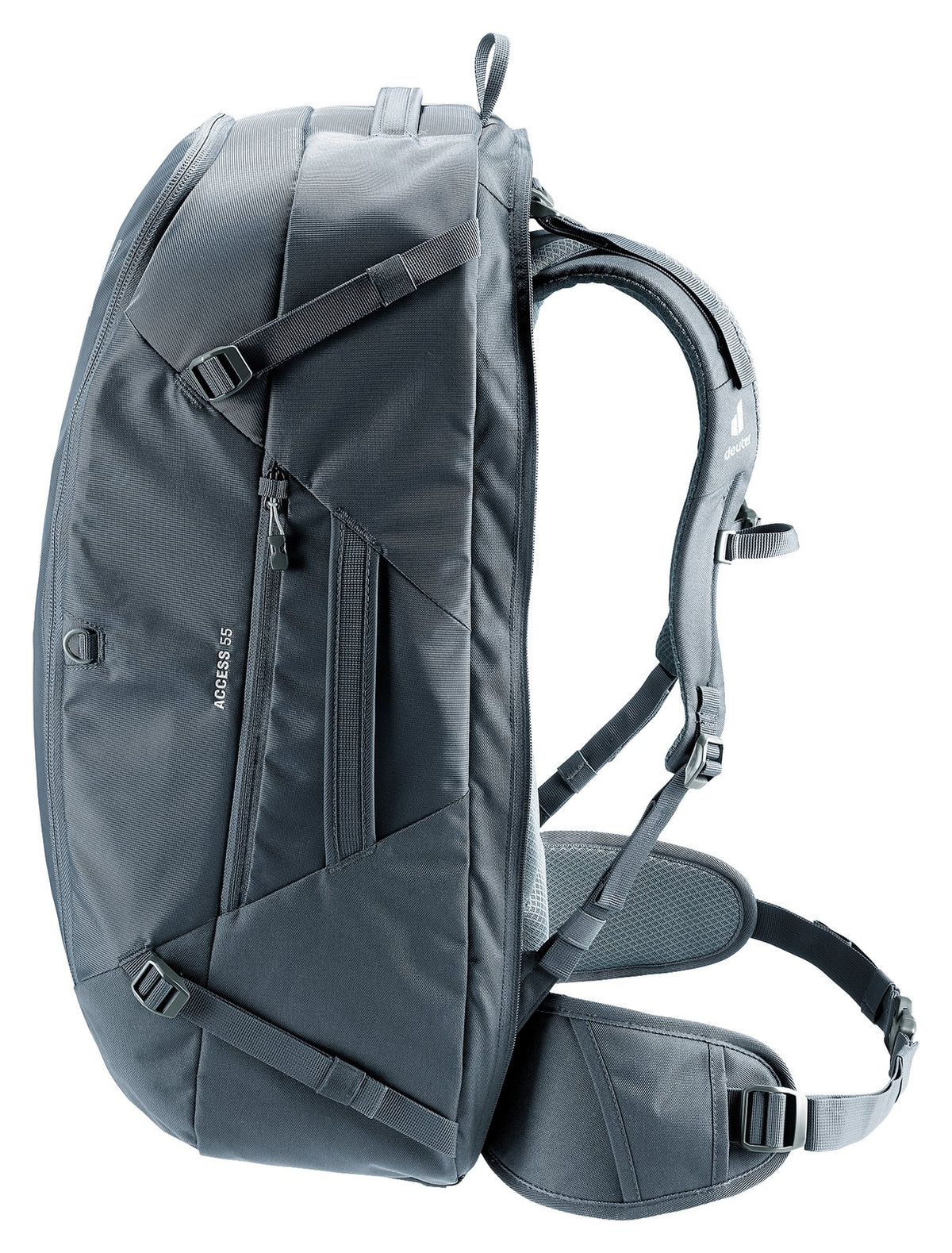 Deuter Access 55 in Black, side view with the zipped side pocket
