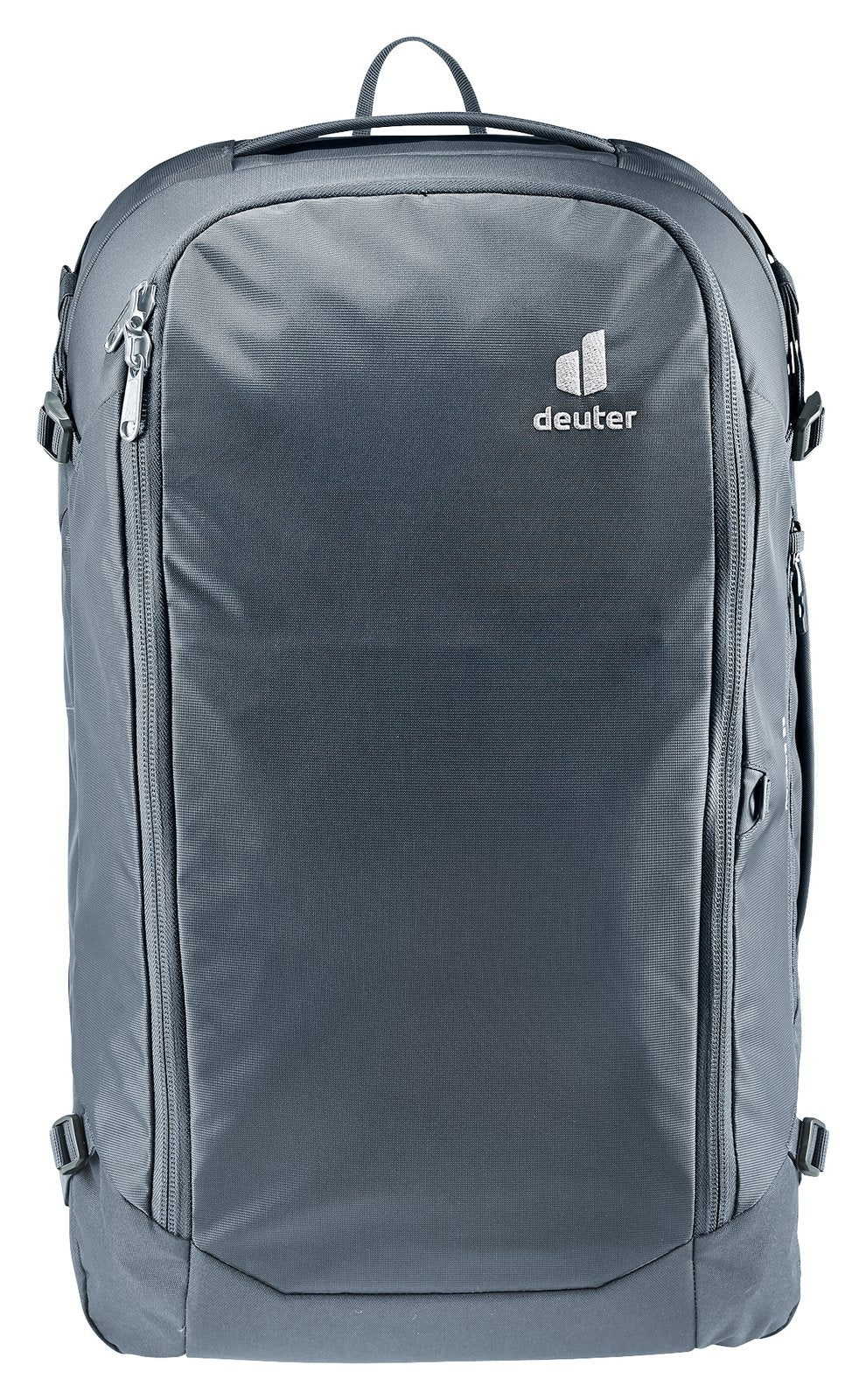 Back of the Deuter Access 55 in Black with the harness zipped away under its stow cover