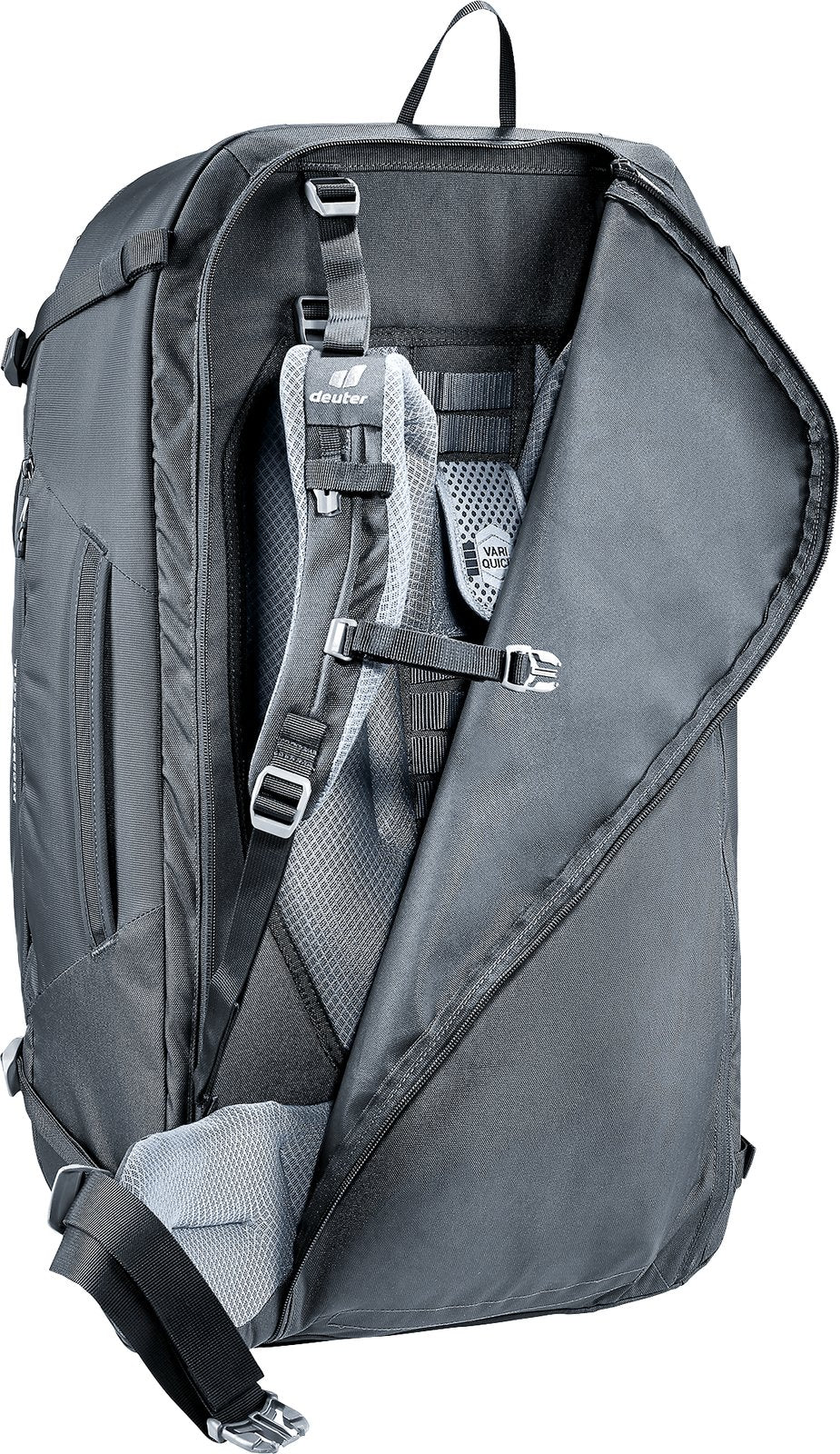 Deuter Access Pro 60 SL in Black with the back cover unzipped and folded open, showing the shoulder harness