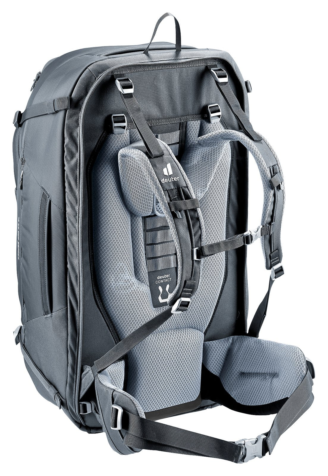 Deuter Access Pro 60 SL in Black, rear three-quarter view of the shoulder harness and back panel