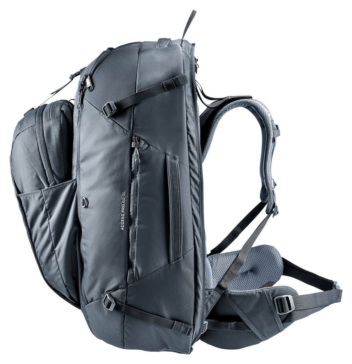 Deuter Access Pro 60 SL in Black, front three-quarter view with daypack and side pocket