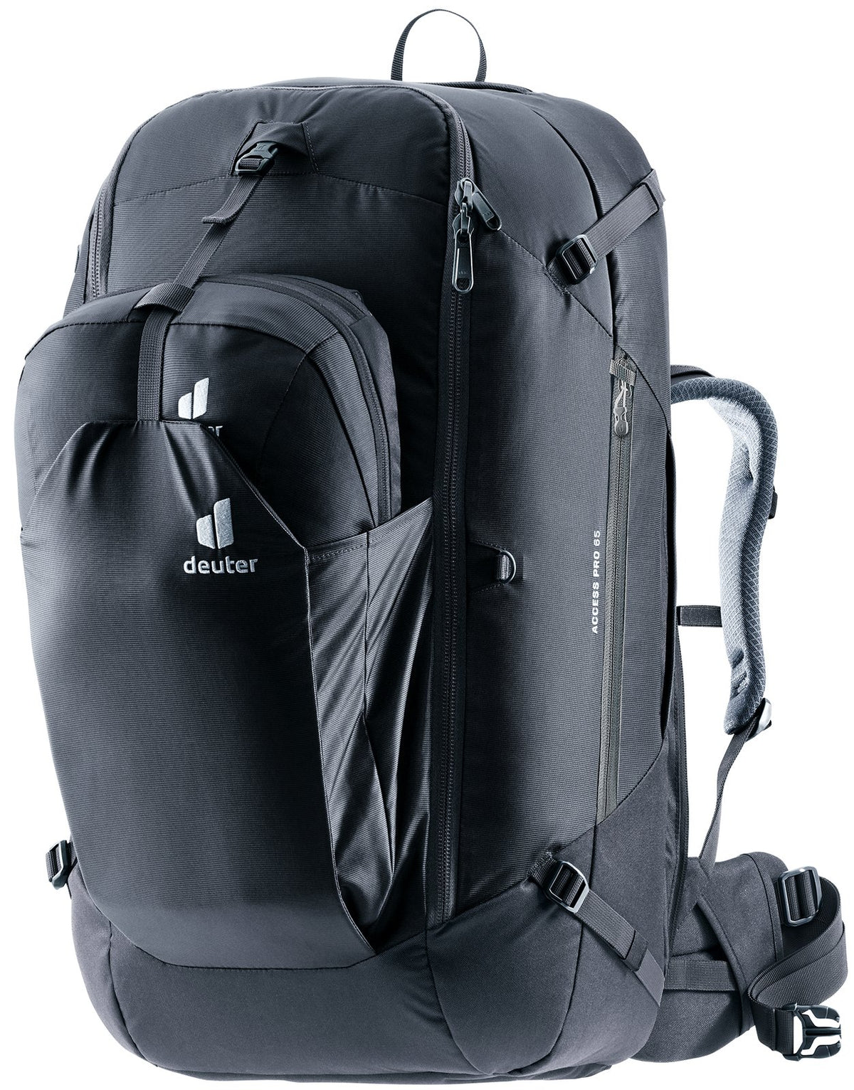 Deuter Access Pro 65 travel backpack in Black with the daypack zipped onto the front